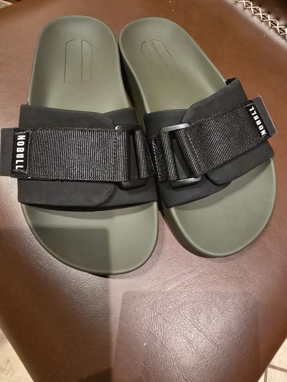 NOBULL Olive Green Slide Sandals with Black Webbing Strap